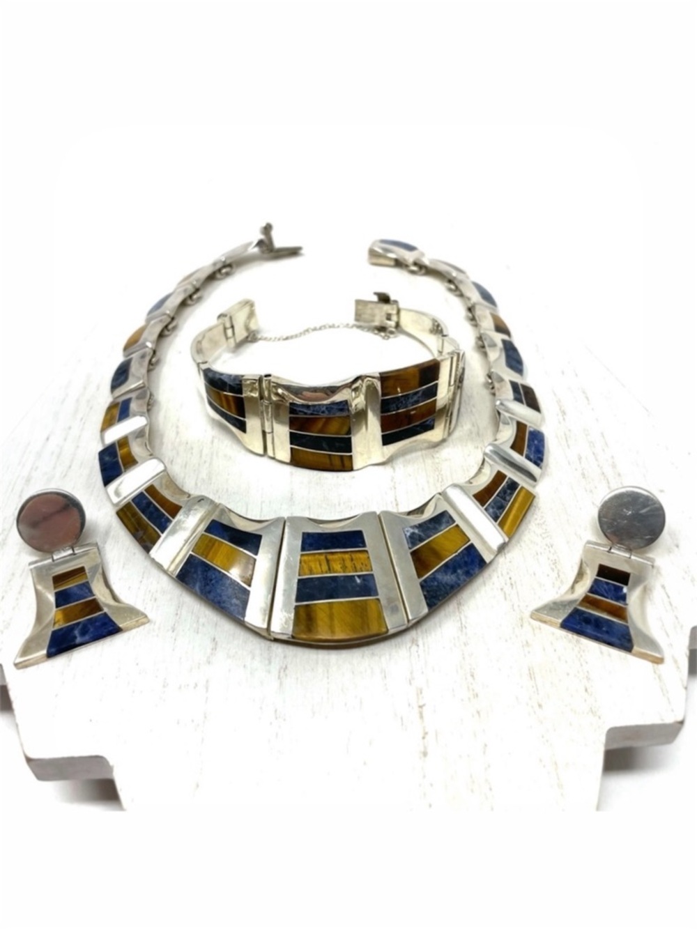 TAXCO three piece sterling silver set with inlaid gemstones, NWOT